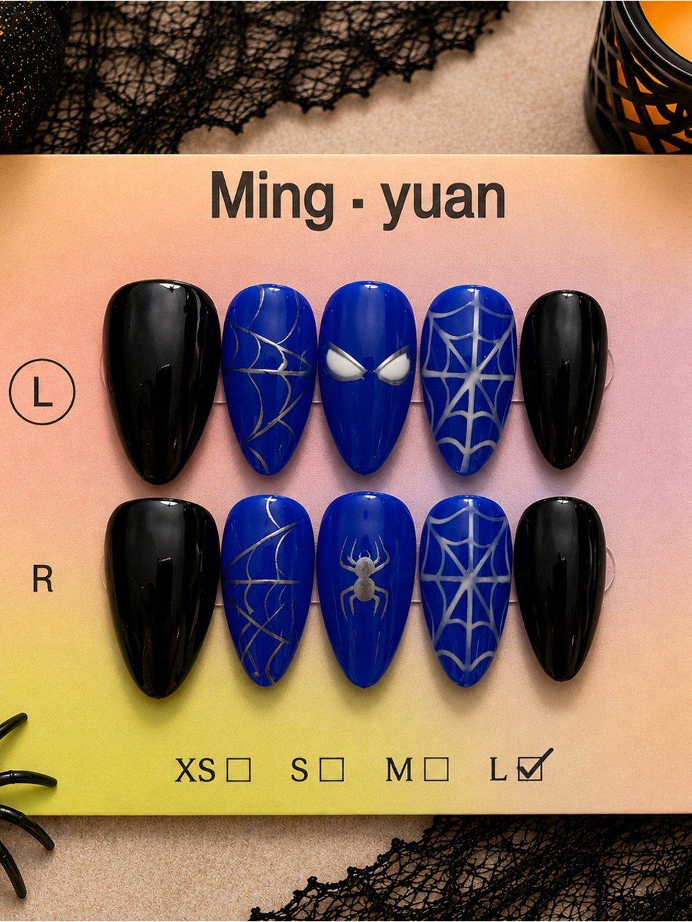 🕷️ Blue & Black Spider Web Halloween Press-On Nails – Size Large 💙🖤